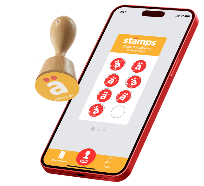 Anouki Restaurant Düsseldorf, Essen to go, Essen zum mitnehmen, Stempel Stämps-App, digitale Stempel­karte, Stämps APP auf Handy visualisiert, jedes 10. to go Gericht gratis